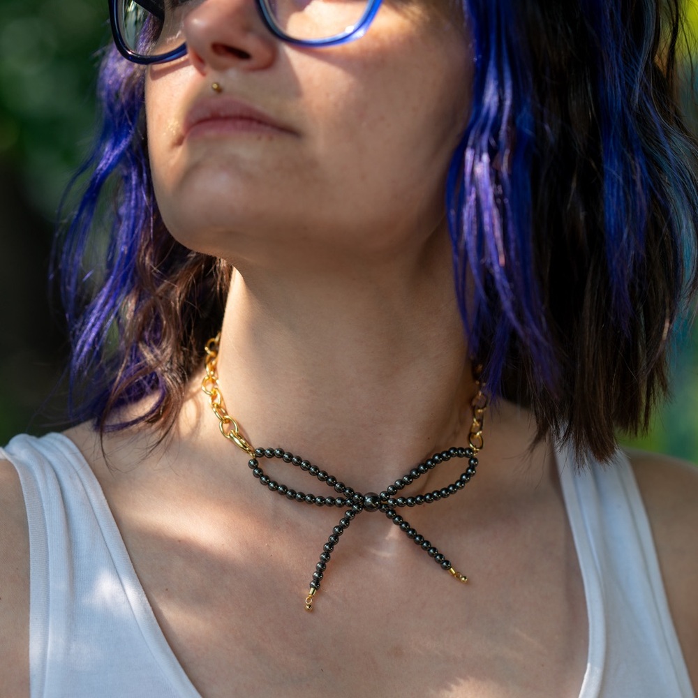 Beaded Bow tie Chocker Necklace - gunmetal